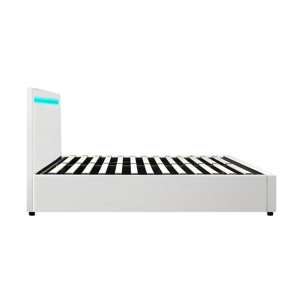 Oikiture Bed Frame RGB LED Double Size Gas Lift Storage Base White