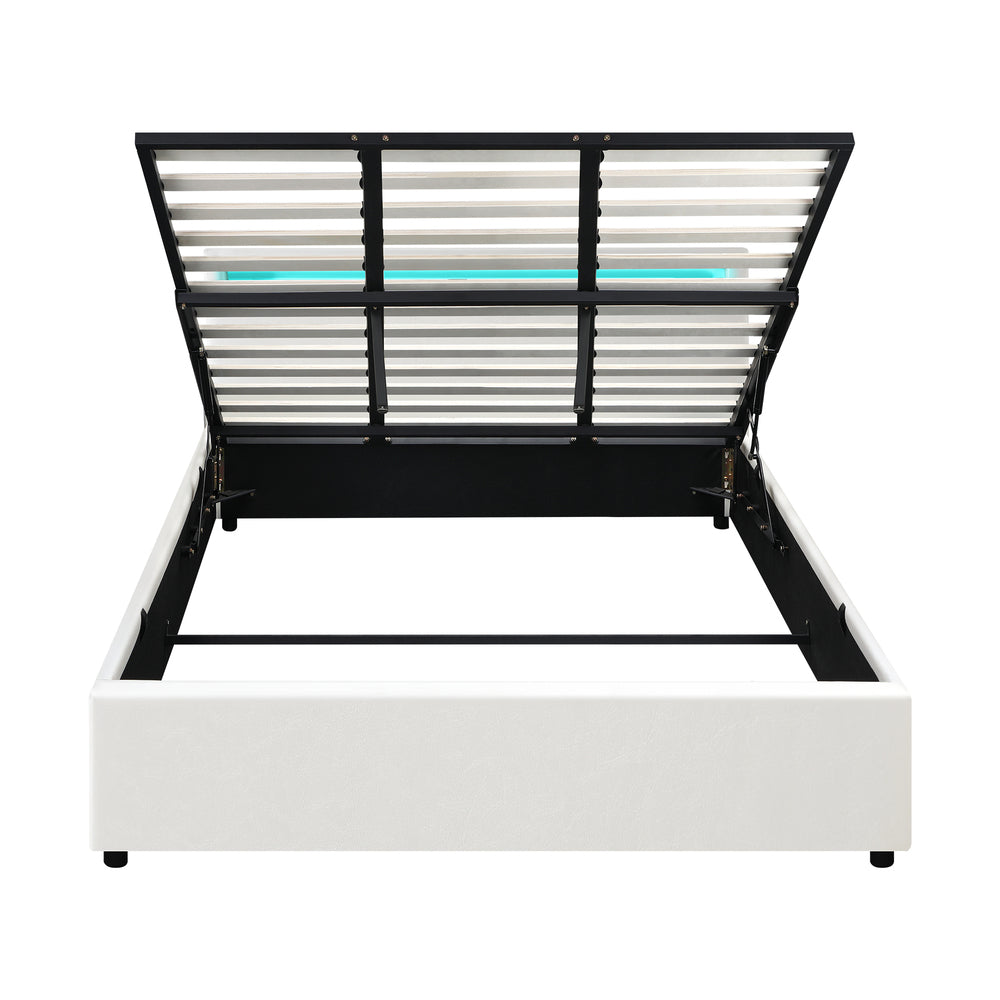 Oikiture Bed Frame RGB LED King Size Gas Lift Storage Base White
