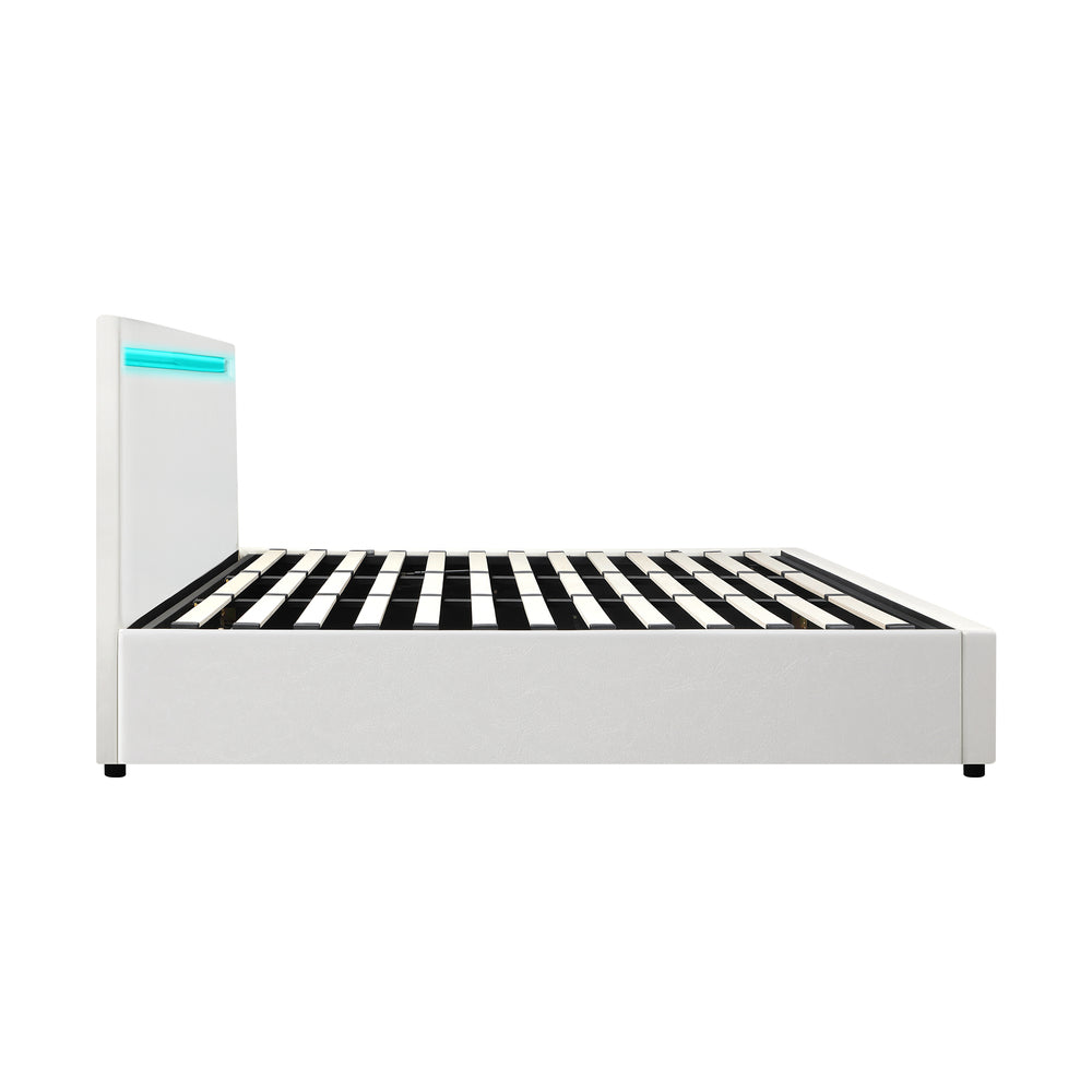 Oikiture Bed Frame RGB LED King Size Gas Lift Storage Base White