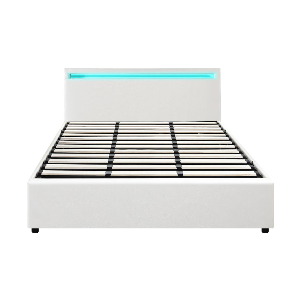 Oikiture Bed Frame RGB LED King Size Gas Lift Storage Base White