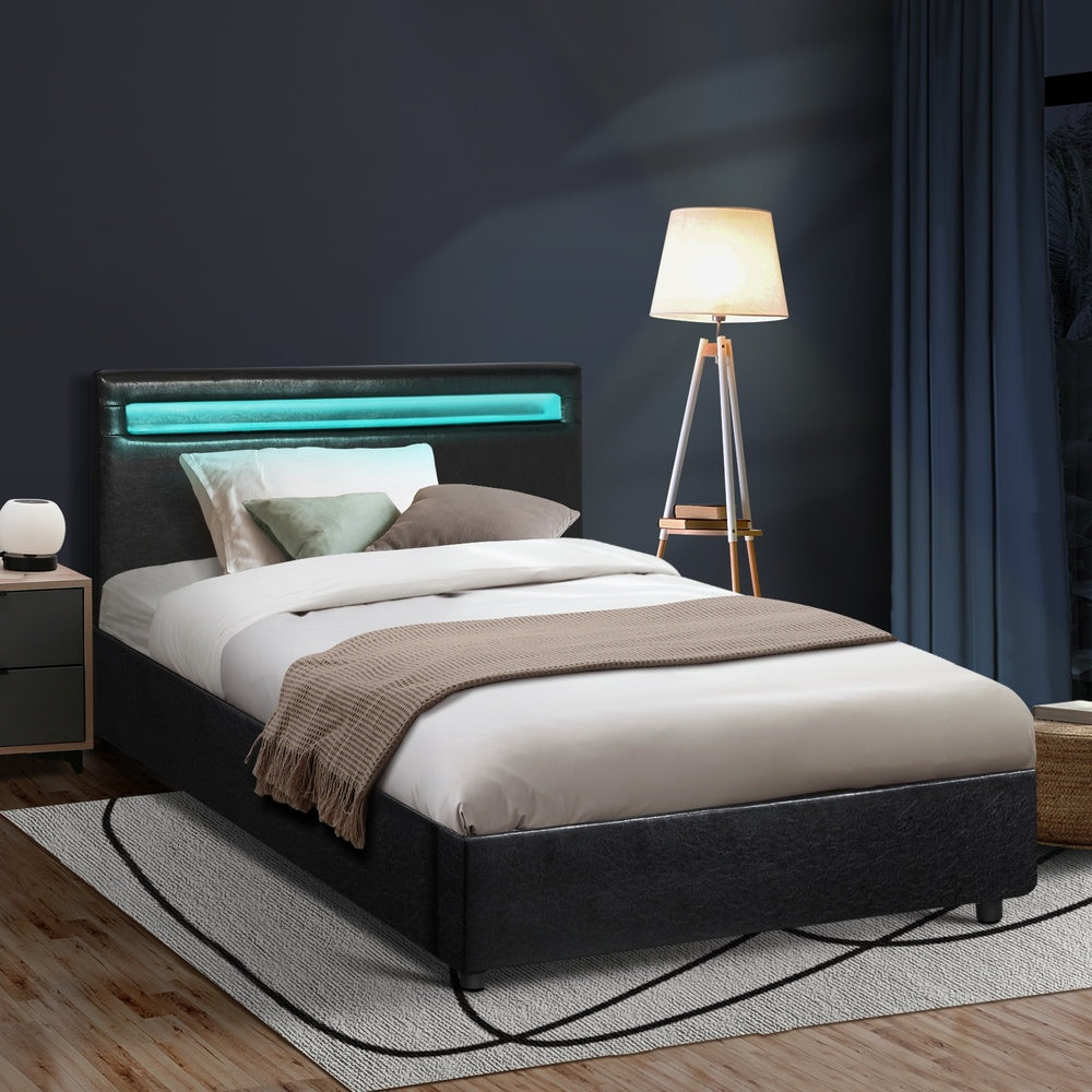 Oikiture Bed Frame RGB LED King Single Gas Lift Storage Base Black