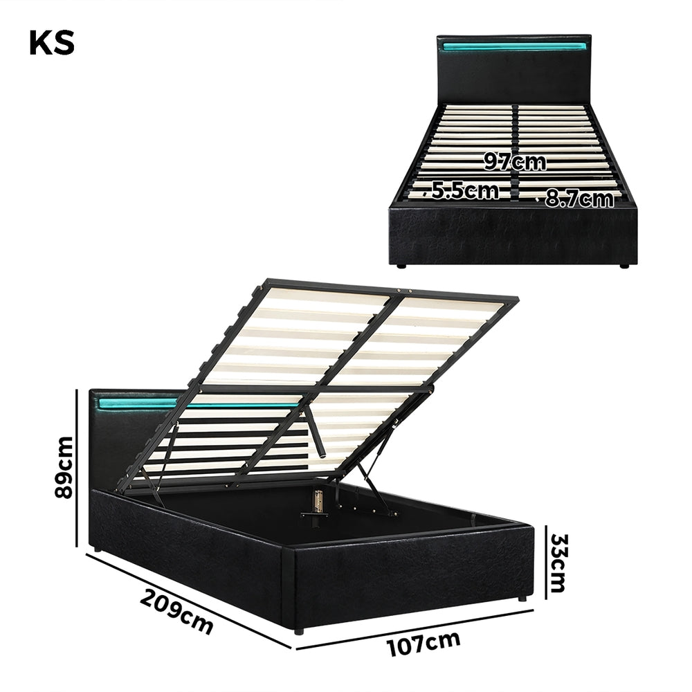 Oikiture Bed Frame RGB LED King Single Gas Lift Storage Base Black