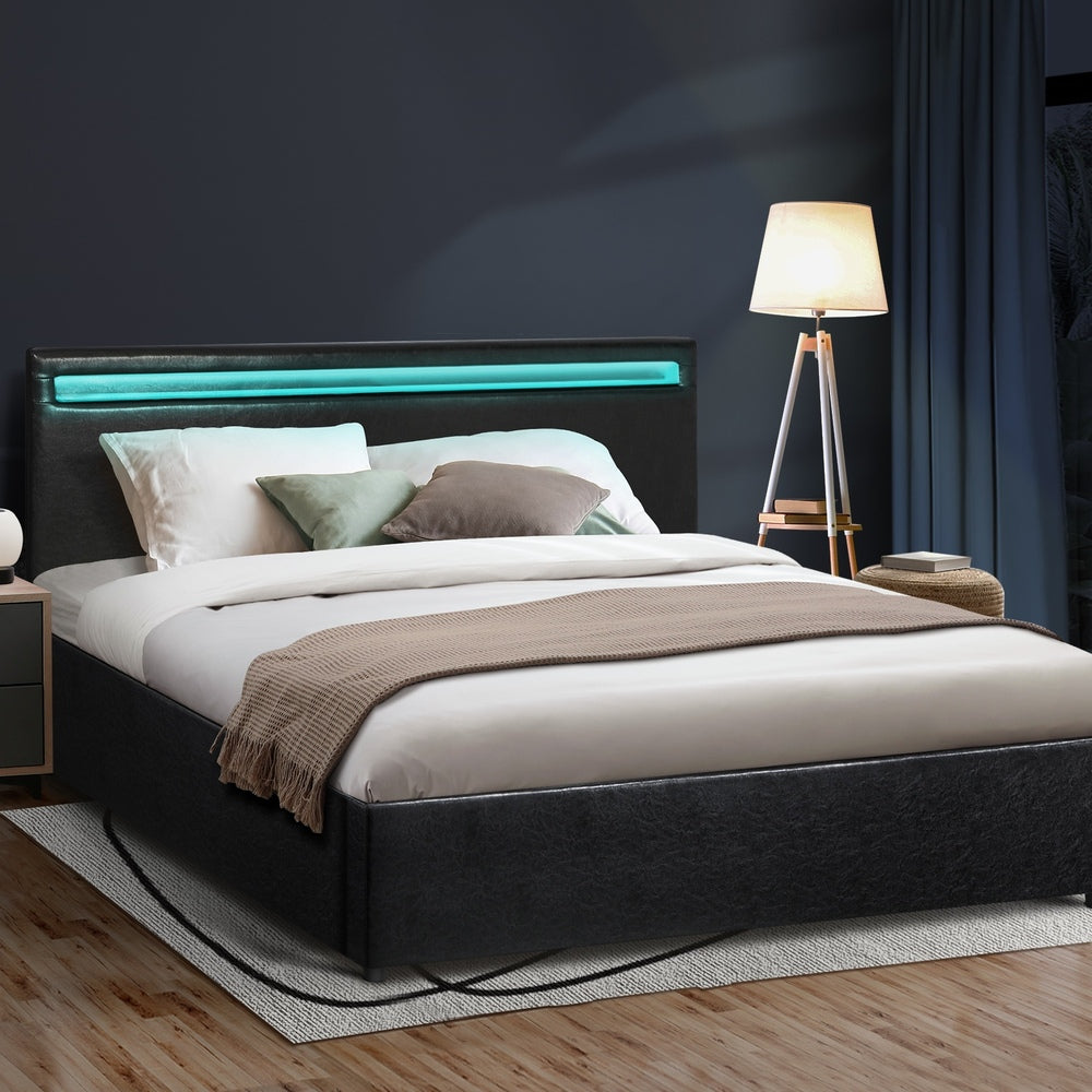 Oikiture Bed Frame RGB LED Queen Size Gas Lift Storage Base Black