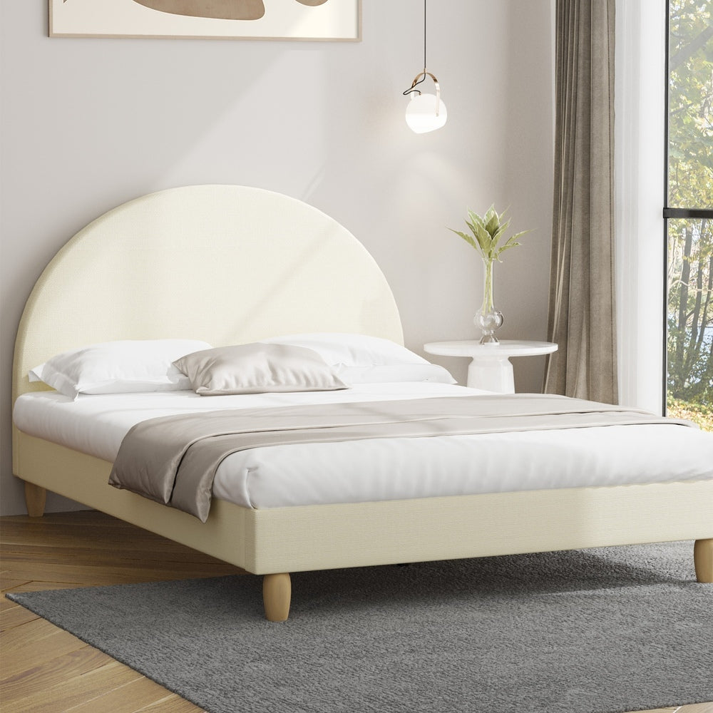 Oikiture Bed Frame Queen Size Arched Bedhead Beige Fabric