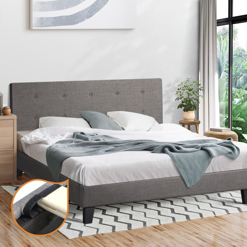 Oikiture Bed Frame Double Size Wooden Fabric Grey