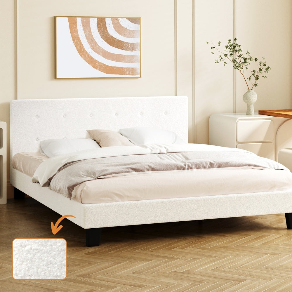 Oikiture Bed Frame King Size White Boucle