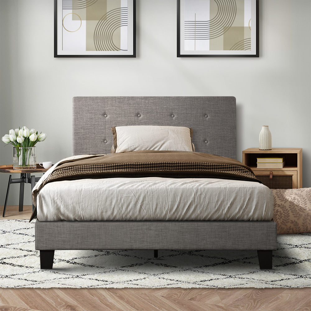 Oikiture Bed Frame King Single Wooden Fabric Grey