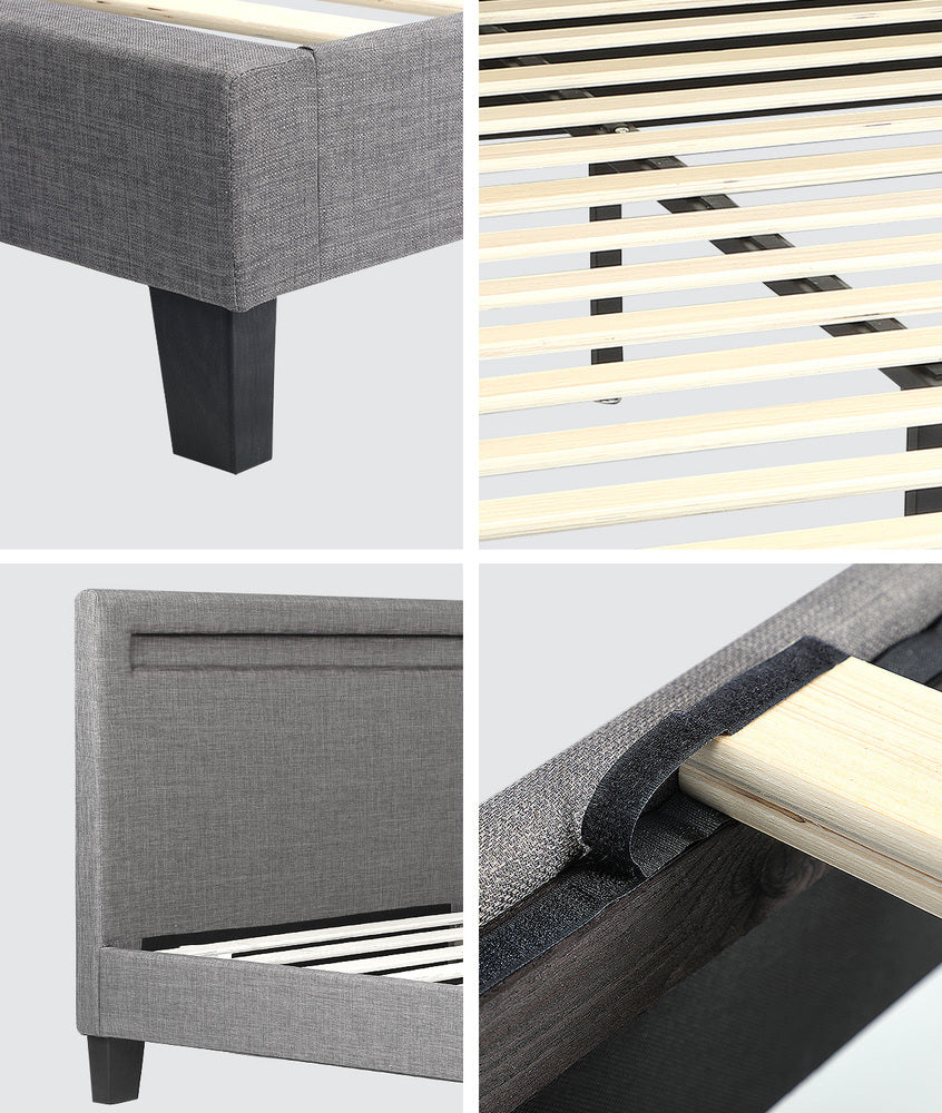 Oikiture Bed Frame RGB LED Double Size Wooden Grey Fabric