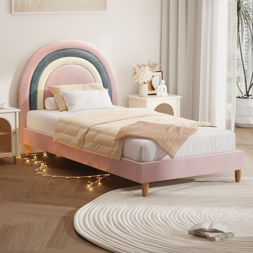 Oikiture Bed Frame Single Size Kids Bed Frame Pink Velvet