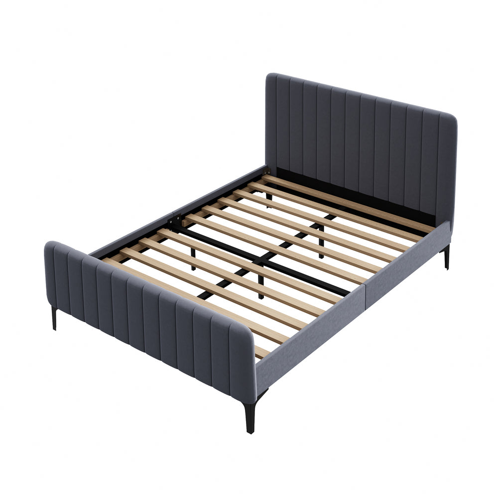 Oikiture Bed Frame Double Size Beds Platform Velvet Fabric Grey