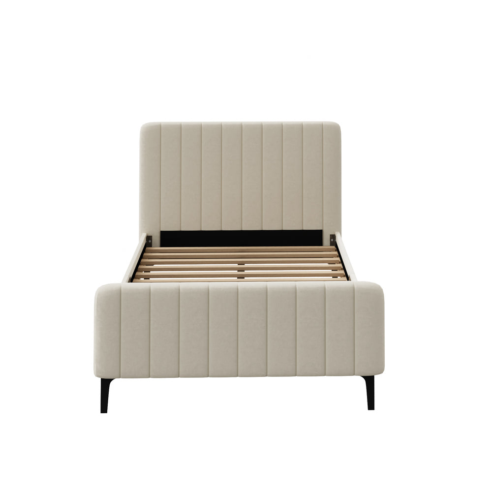 Oikiture King Single Bed Frame Velvet Fabric Beige