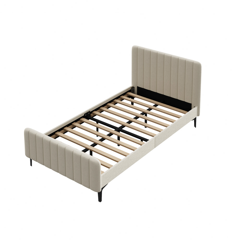 Oikiture King Single Bed Frame Velvet Fabric Beige