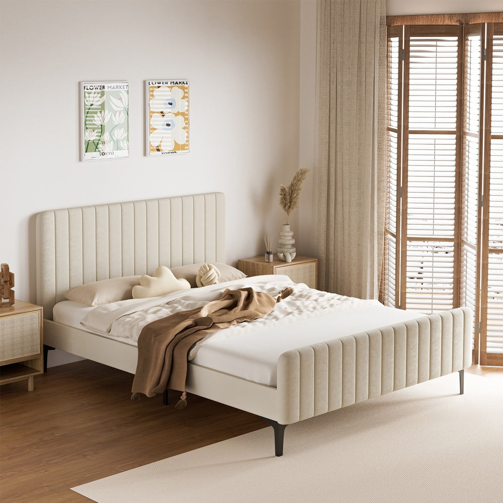 Oikiture Queen Size Bed Frame Velvet Fabric Beige