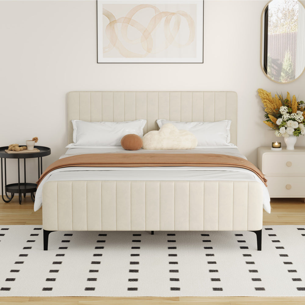 Oikiture Queen Size Bed Frame Velvet Fabric Beige