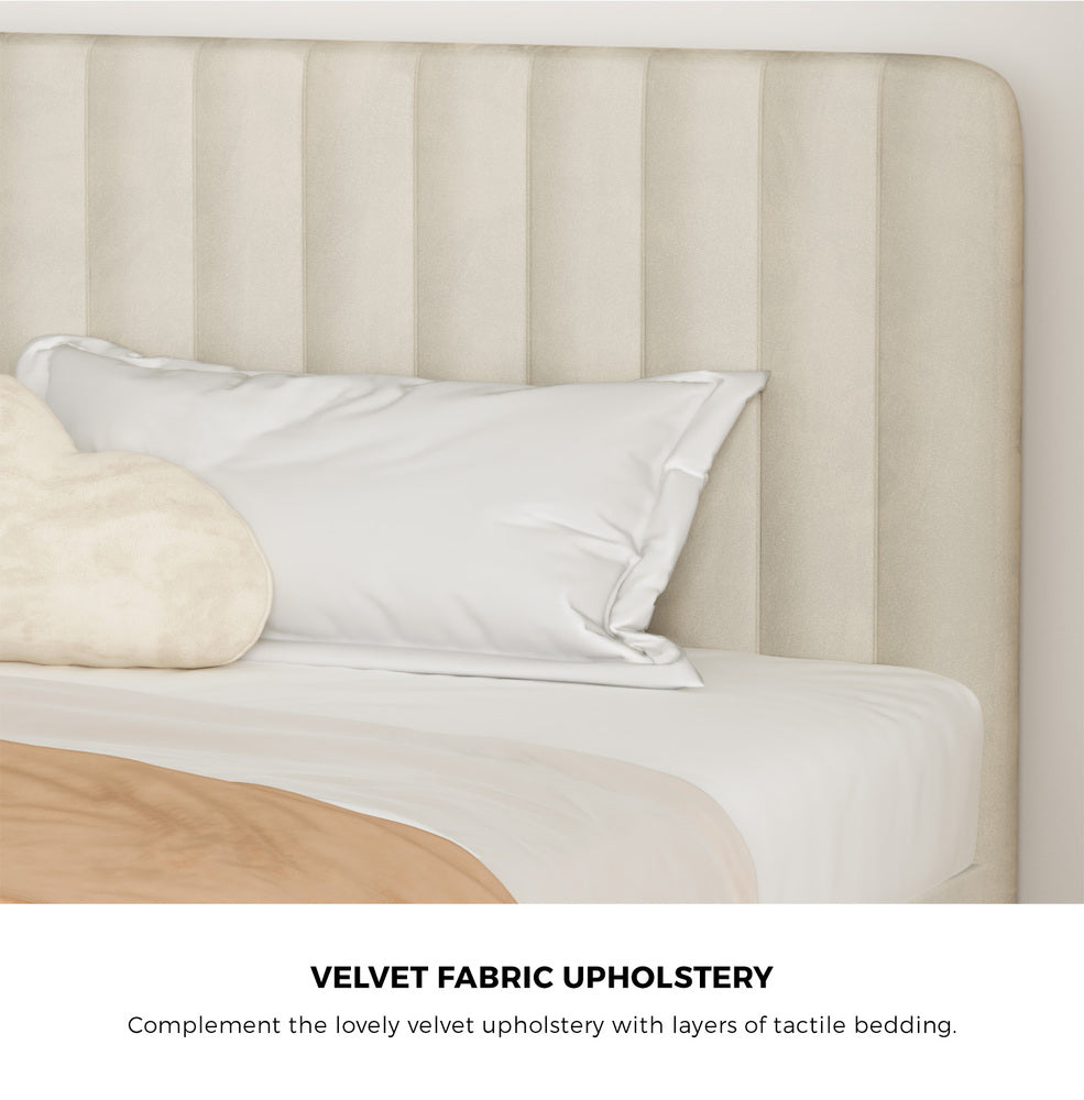 Oikiture Queen Size Bed Frame Velvet Fabric Beige