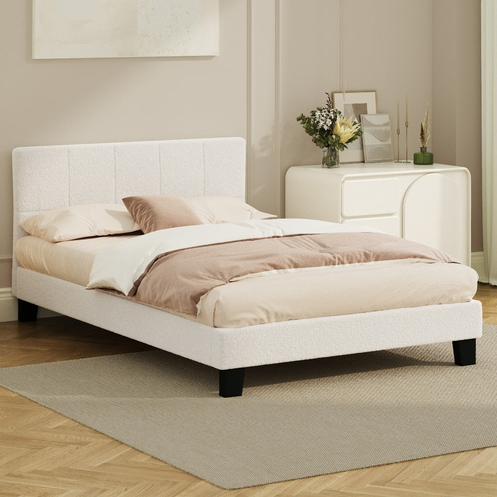 Oikiture Bed Frame Double Size Base White Boucle TOFU