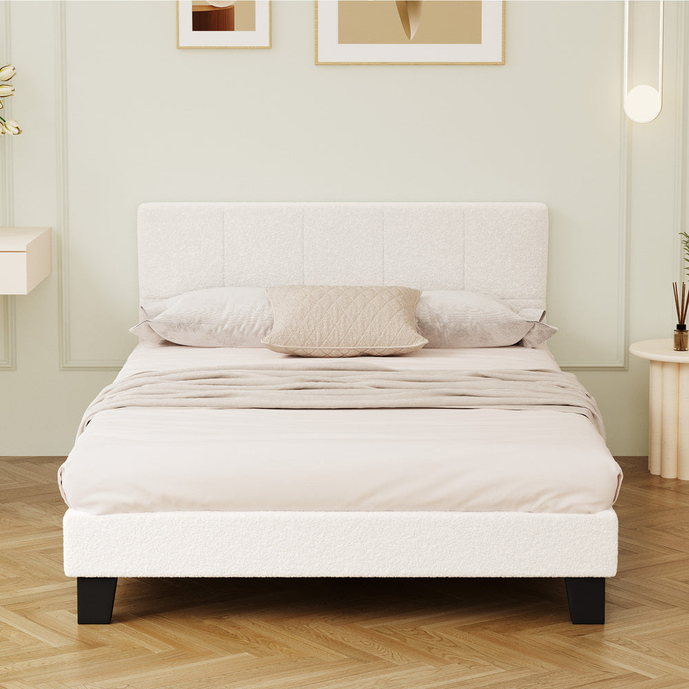 Oikiture Bed Frame Double Size Base White Boucle TOFU