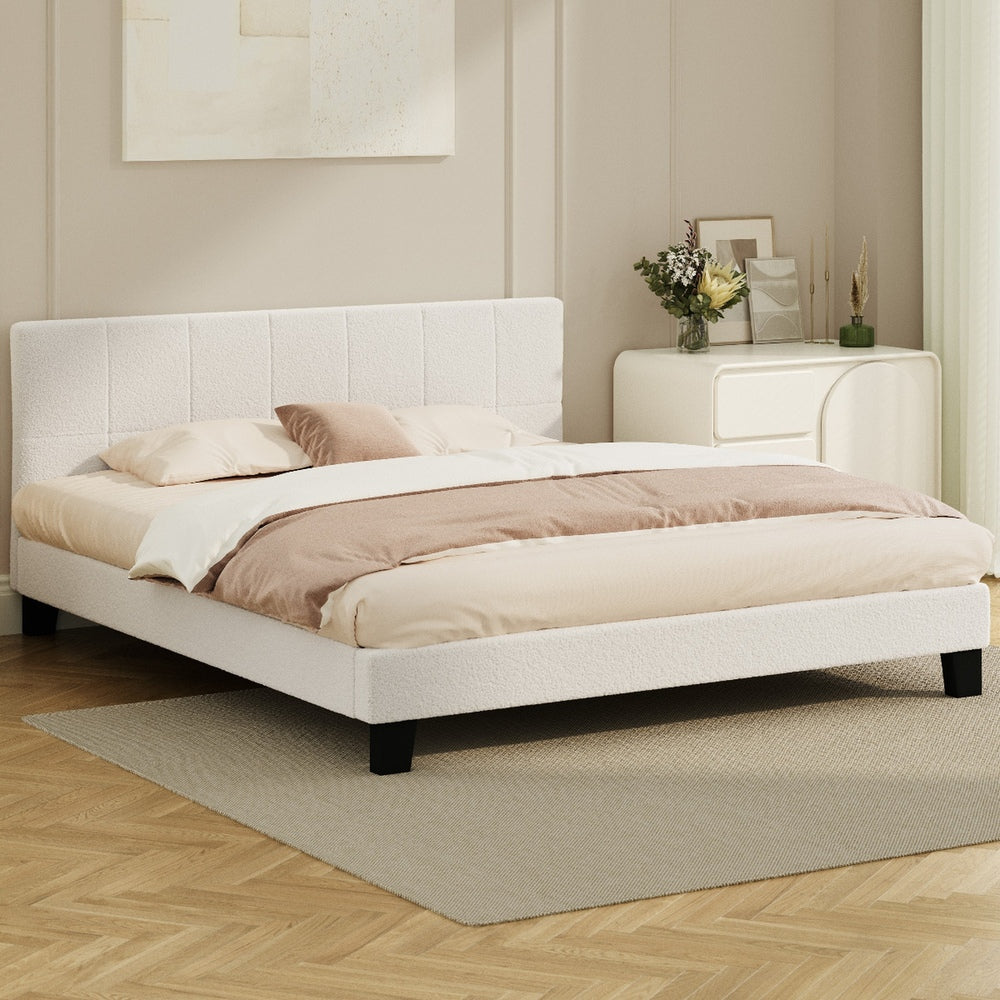 Oikiture Bed Frame King Size Base White Boucle TOFU