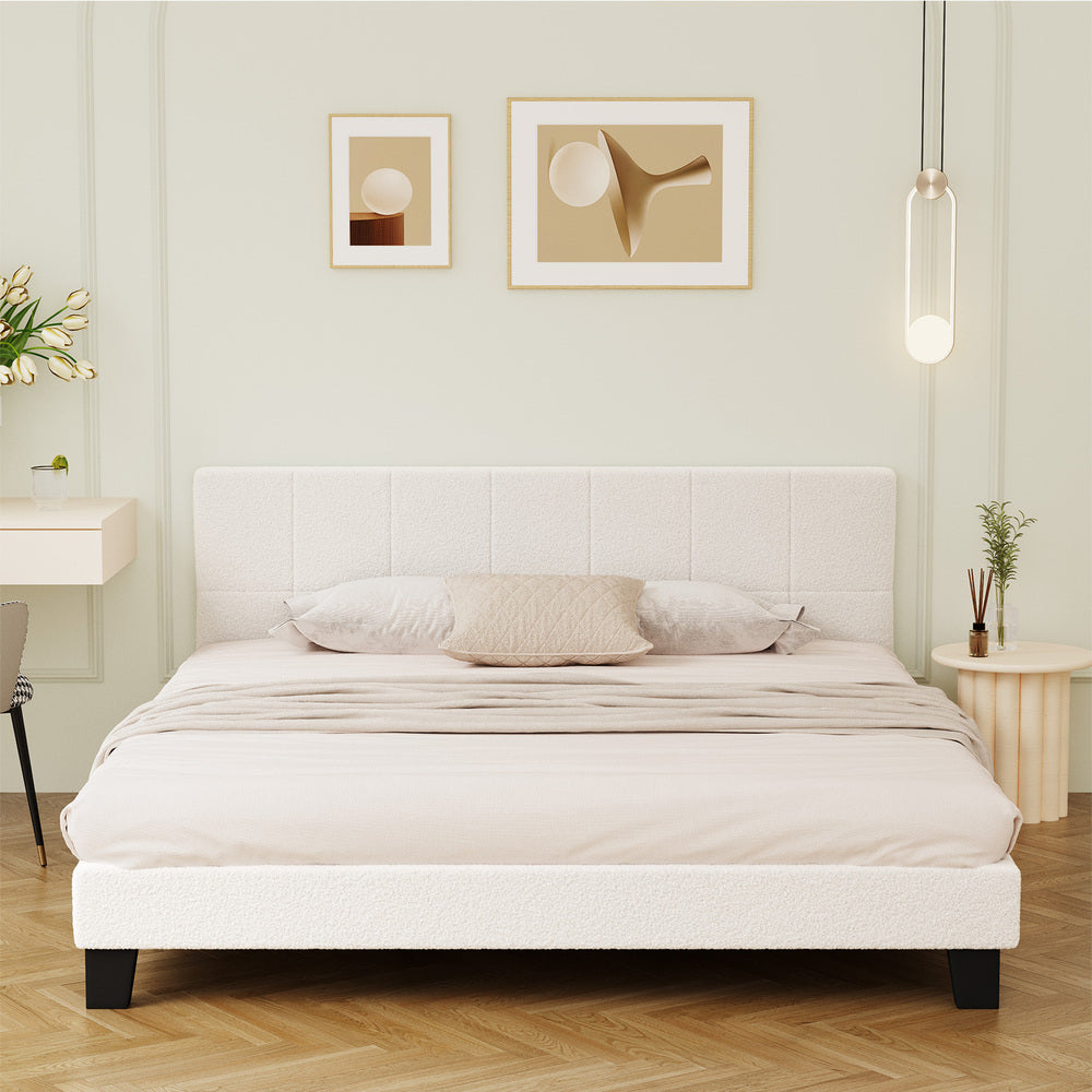 Oikiture Bed Frame King Size Base White Boucle TOFU