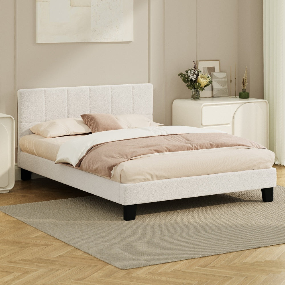 Oikiture Bed Frame Queen Size Base White Boucle TOFU