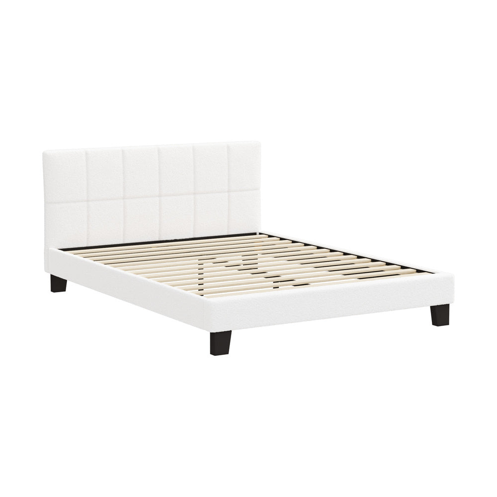 Oikiture Bed Frame Queen Size Base White Boucle TOFU