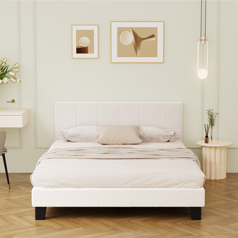 Oikiture Bed Frame Queen Size Base White Boucle TOFU
