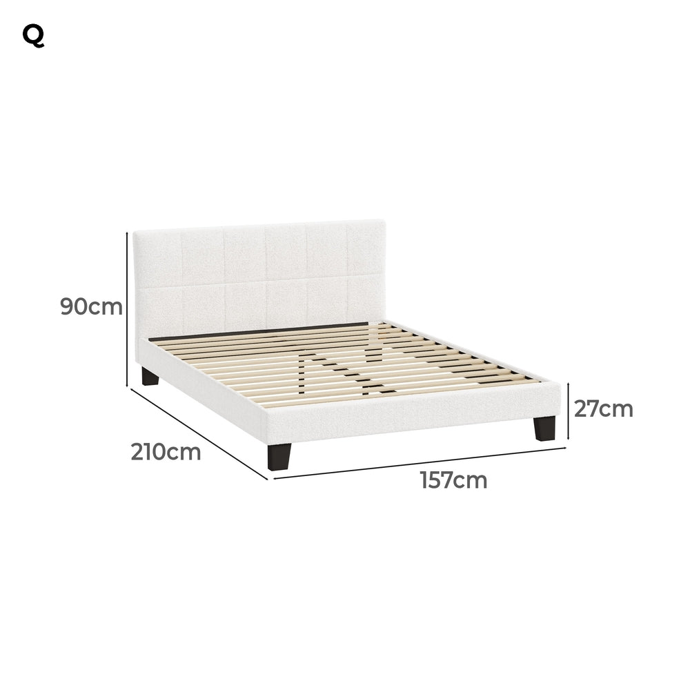 Oikiture Bed Frame Queen Size Base White Boucle TOFU
