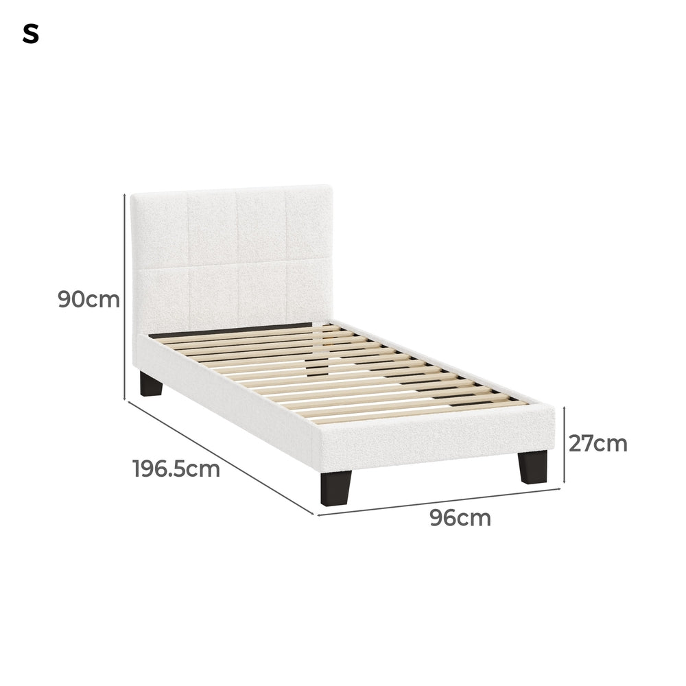 Oikiture Bed Frame Single Size Base White Boucle TOFU
