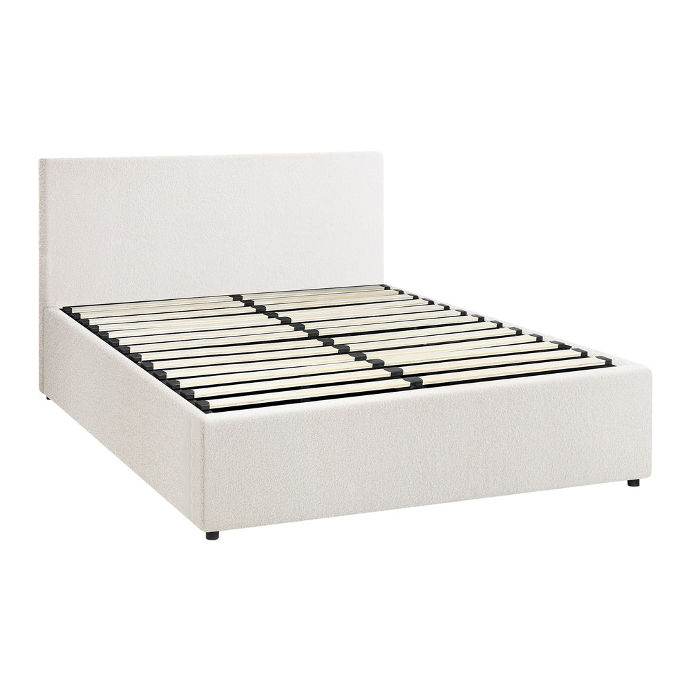 Oikiture Double Bed Frame Gas Lift Storage Base White Boucle