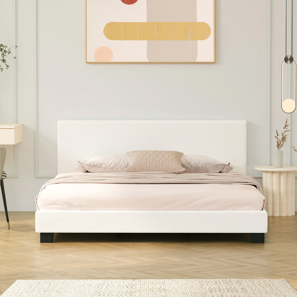 Oikiture King Bed Frame Wooden Slats Boucle Fabric White
