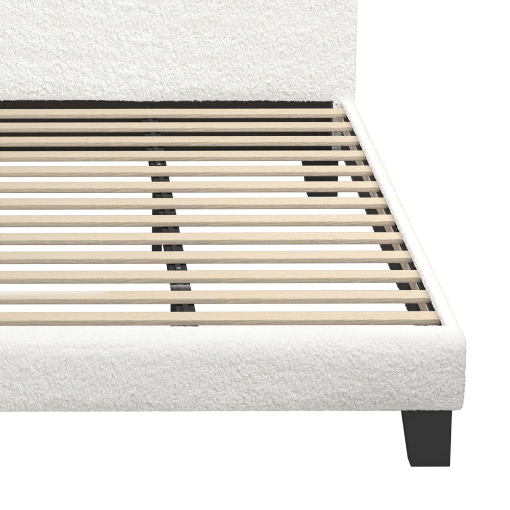 Oikiture King Single Bed Frame Wood Slats Boucle White