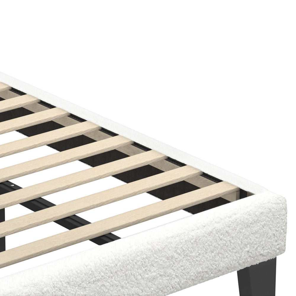 Oikiture King Single Bed Frame Wood Slats Boucle White