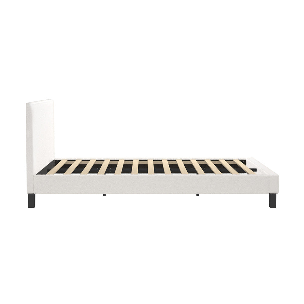 Oikiture King Single Bed Frame Wood Slats Boucle White
