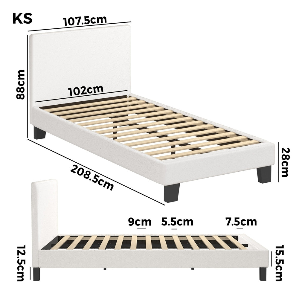 Oikiture King Single Bed Frame Wood Slats Boucle White