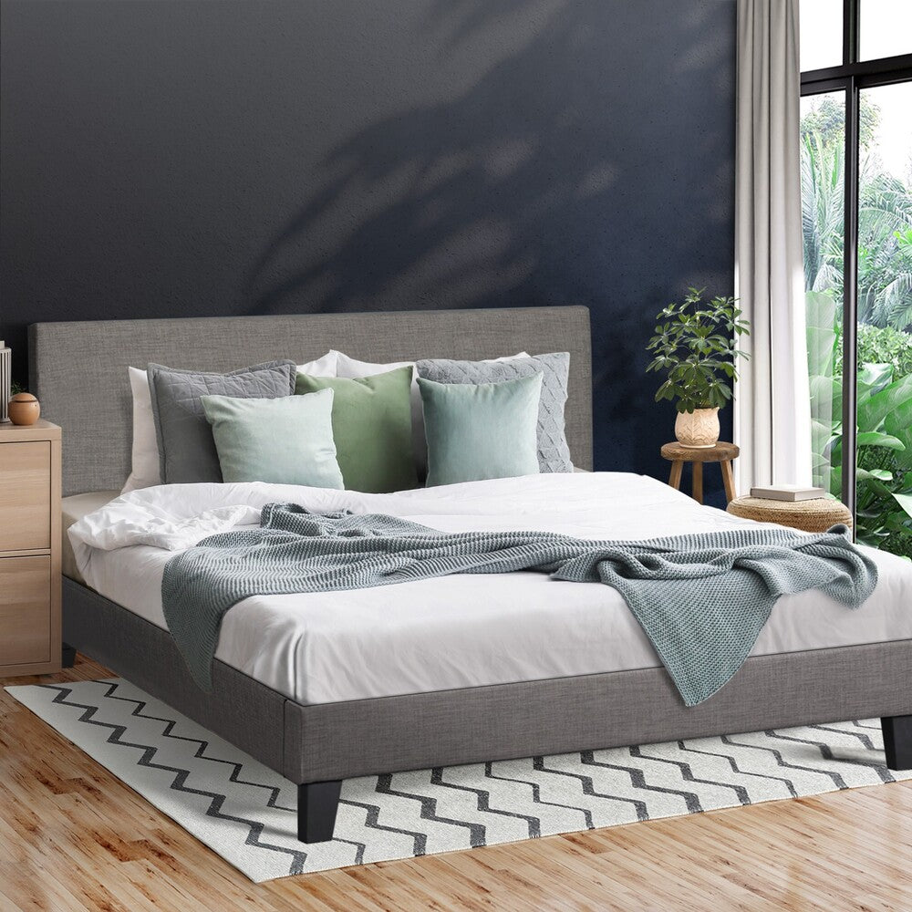Oikiture Bed Frame Queen Size Wooden Slats Grey Fabric