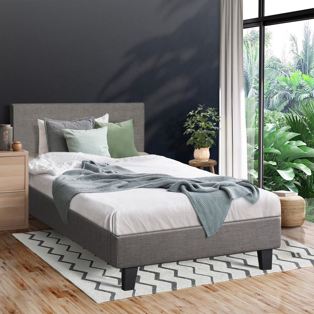Oikiture Bed Frame Single Size Wooden Slats Grey Fabric