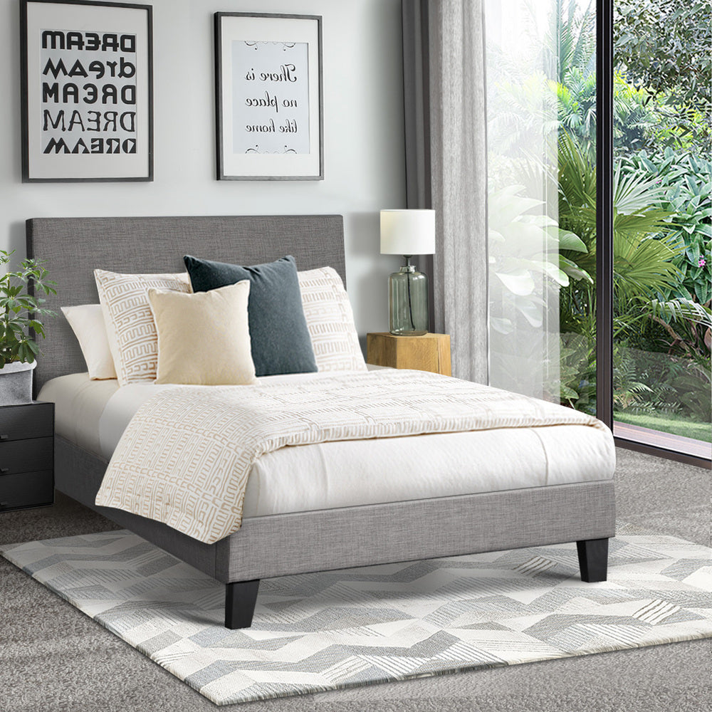 Oikiture Bed Frame Single Size Wooden Slats Grey Fabric
