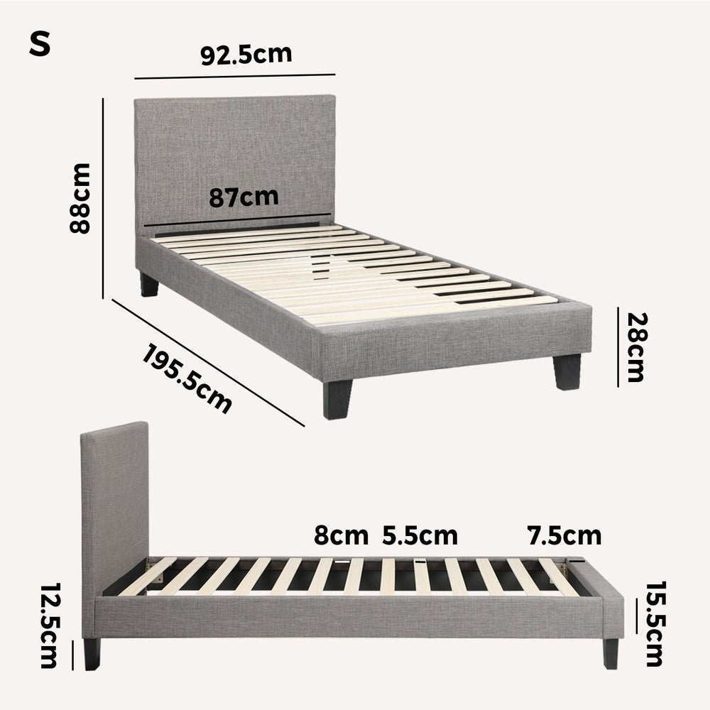 Oikiture Bed Frame Single Size Wooden Slats Grey Fabric