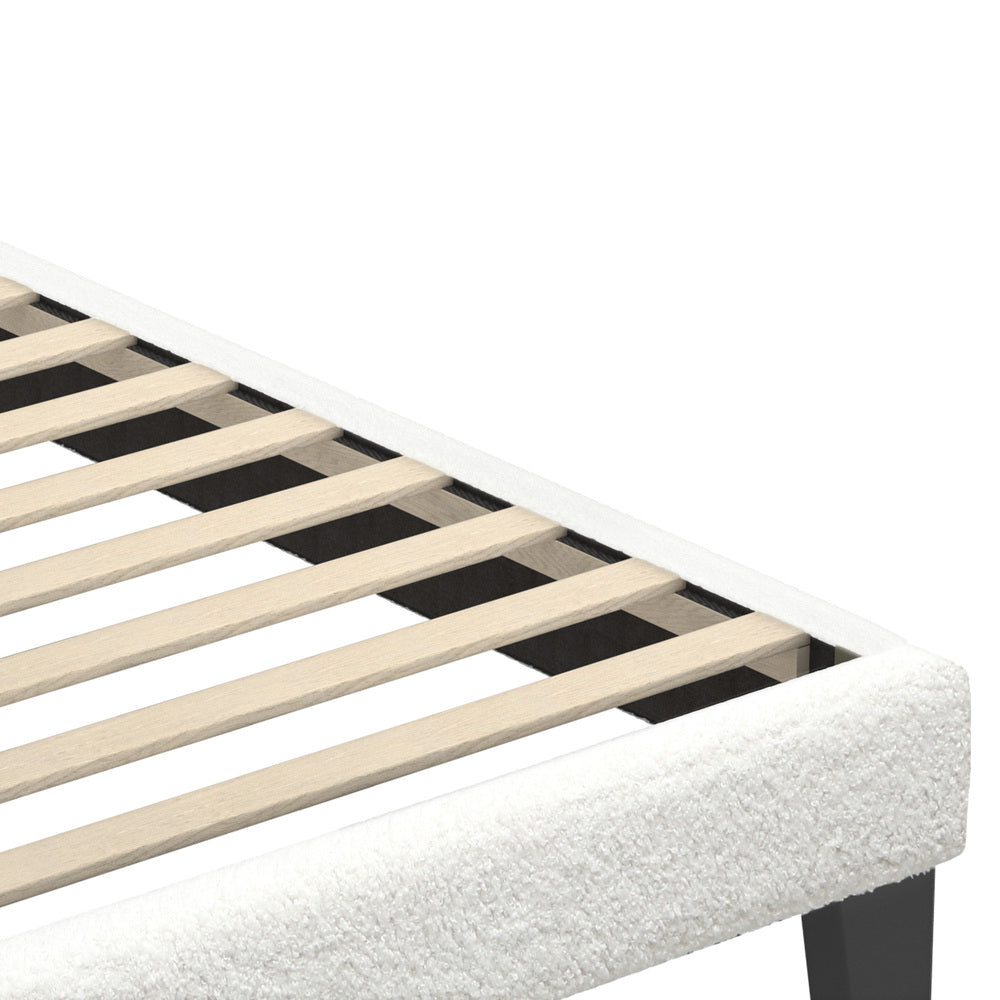 Oikiture Single Bed Frame Wooden Slats Boucle Fabric White
