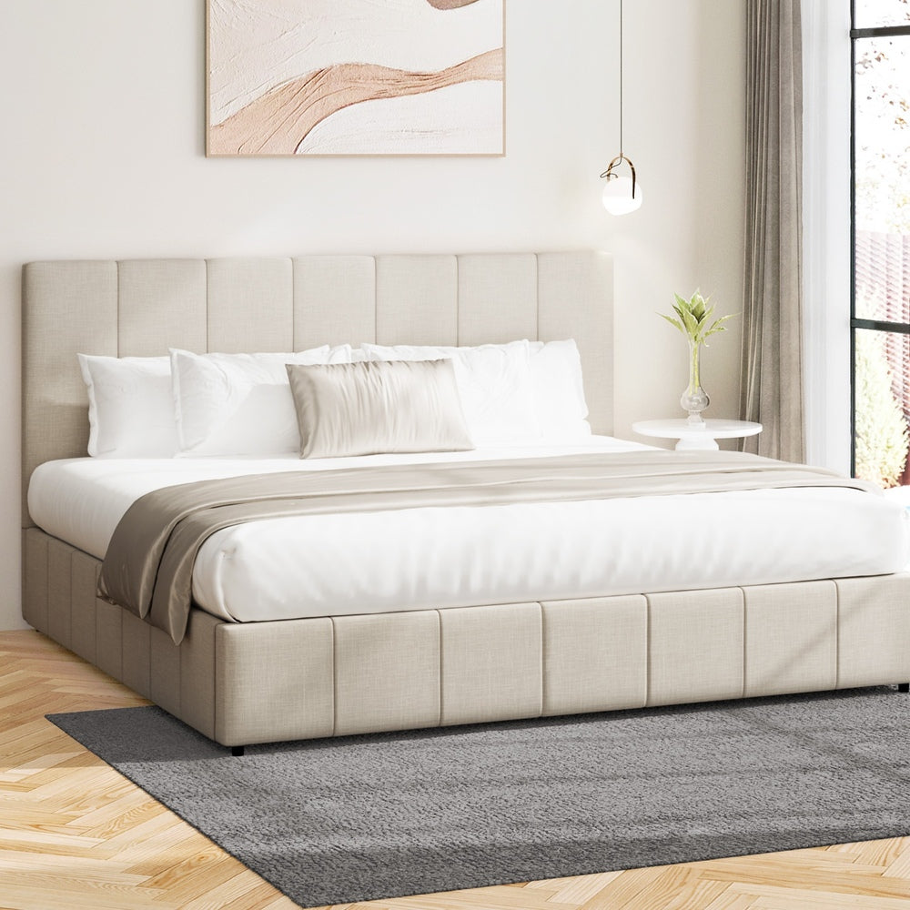 Oikiture Bed Frame King Size Gas Lift Base Beige Fabric