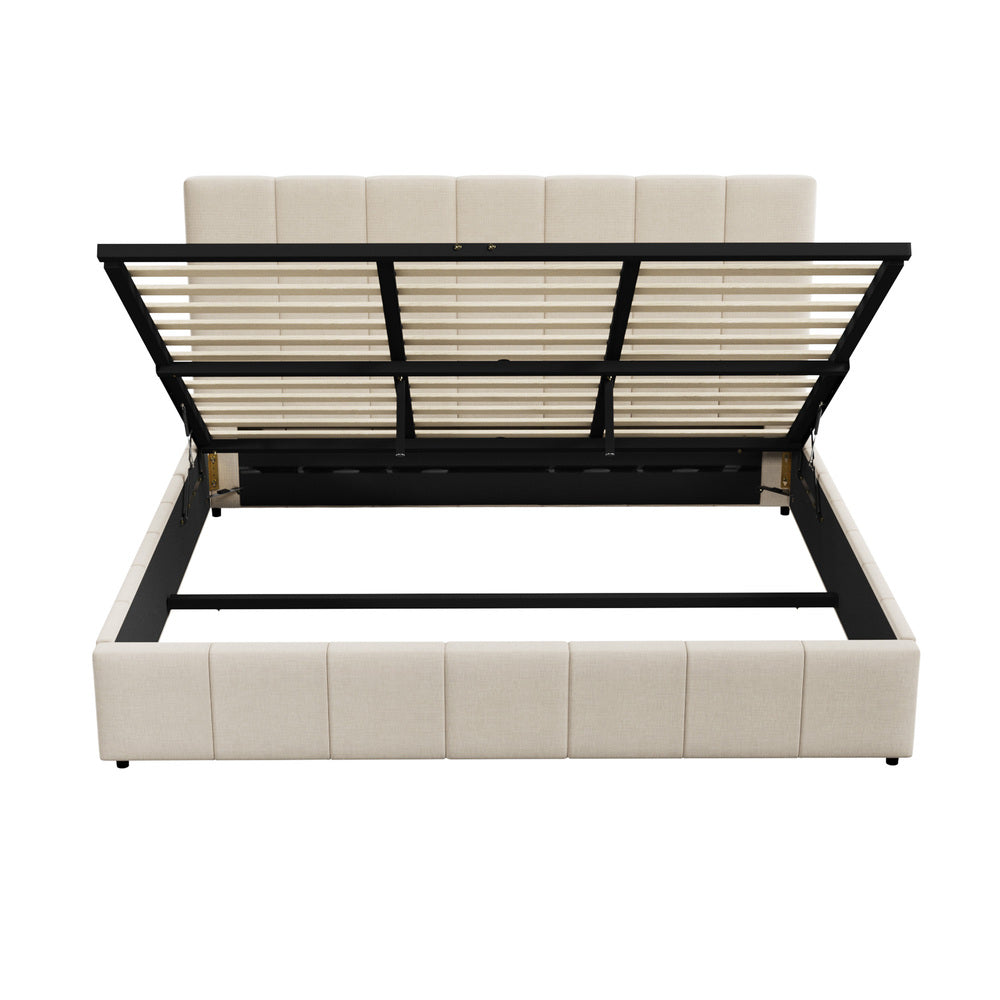 Oikiture Bed Frame King Size Gas Lift Base Beige Fabric