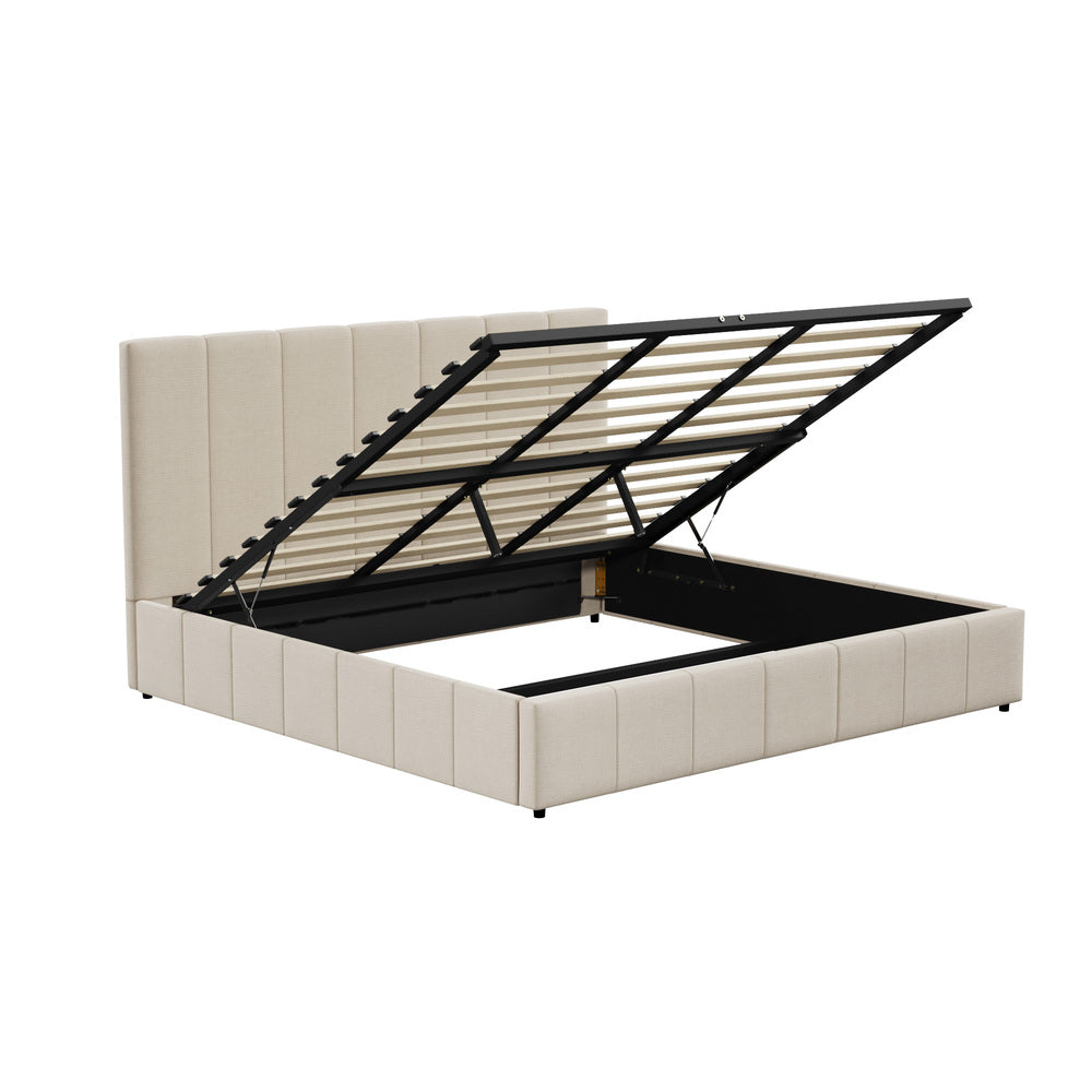 Oikiture Bed Frame King Size Gas Lift Base Beige Fabric