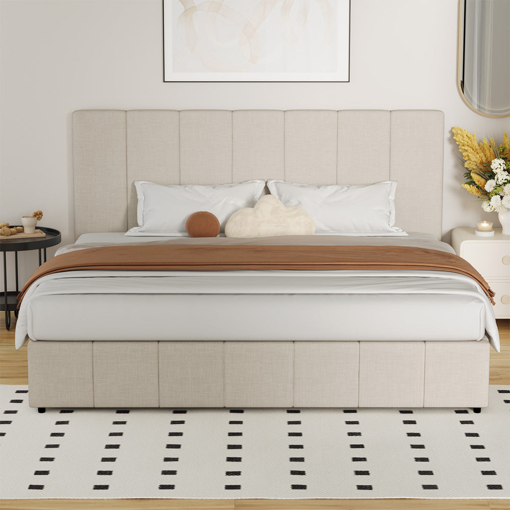 Oikiture Bed Frame King Size Gas Lift Base Beige Fabric