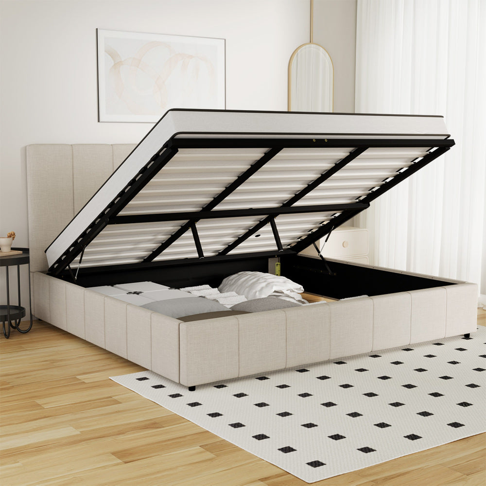 Oikiture Bed Frame King Size Gas Lift Base Beige Fabric