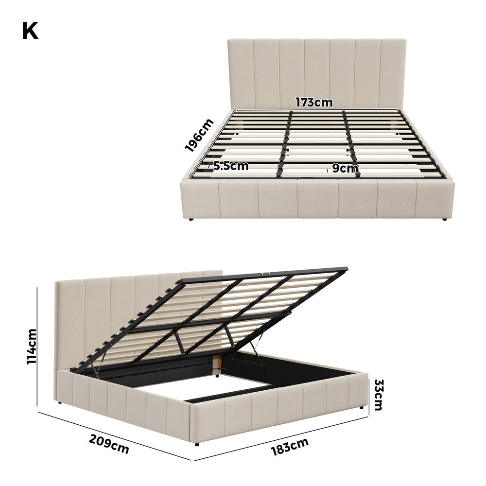 Oikiture Bed Frame King Size Gas Lift Base Beige Fabric