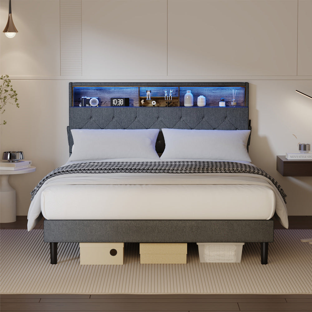 Oikiture Bed Frame with LED Storage Bedhead Double Size NOVI
