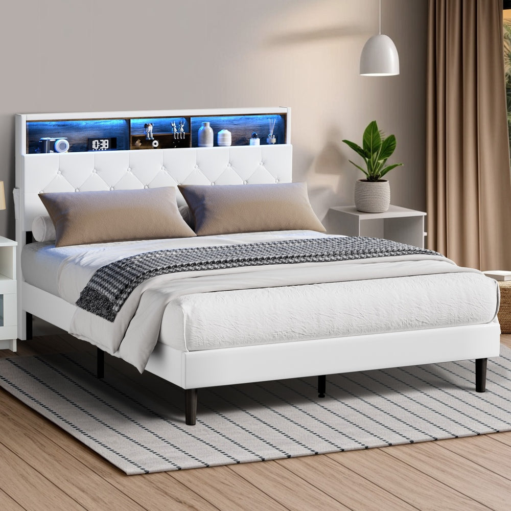 Oikiture Bed Frame Double Size with LED Storage Bedhead White