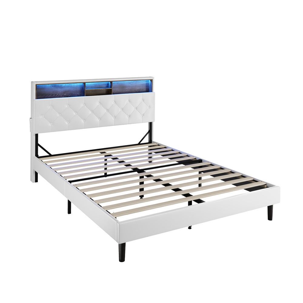 Oikiture Bed Frame Double Size with LED Storage Bedhead White