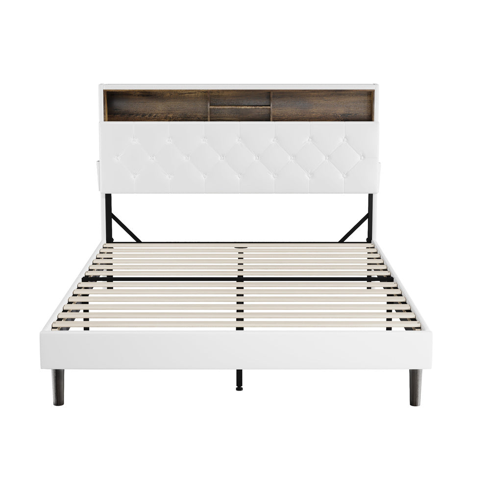 Oikiture Bed Frame Double Size with LED Storage Bedhead White