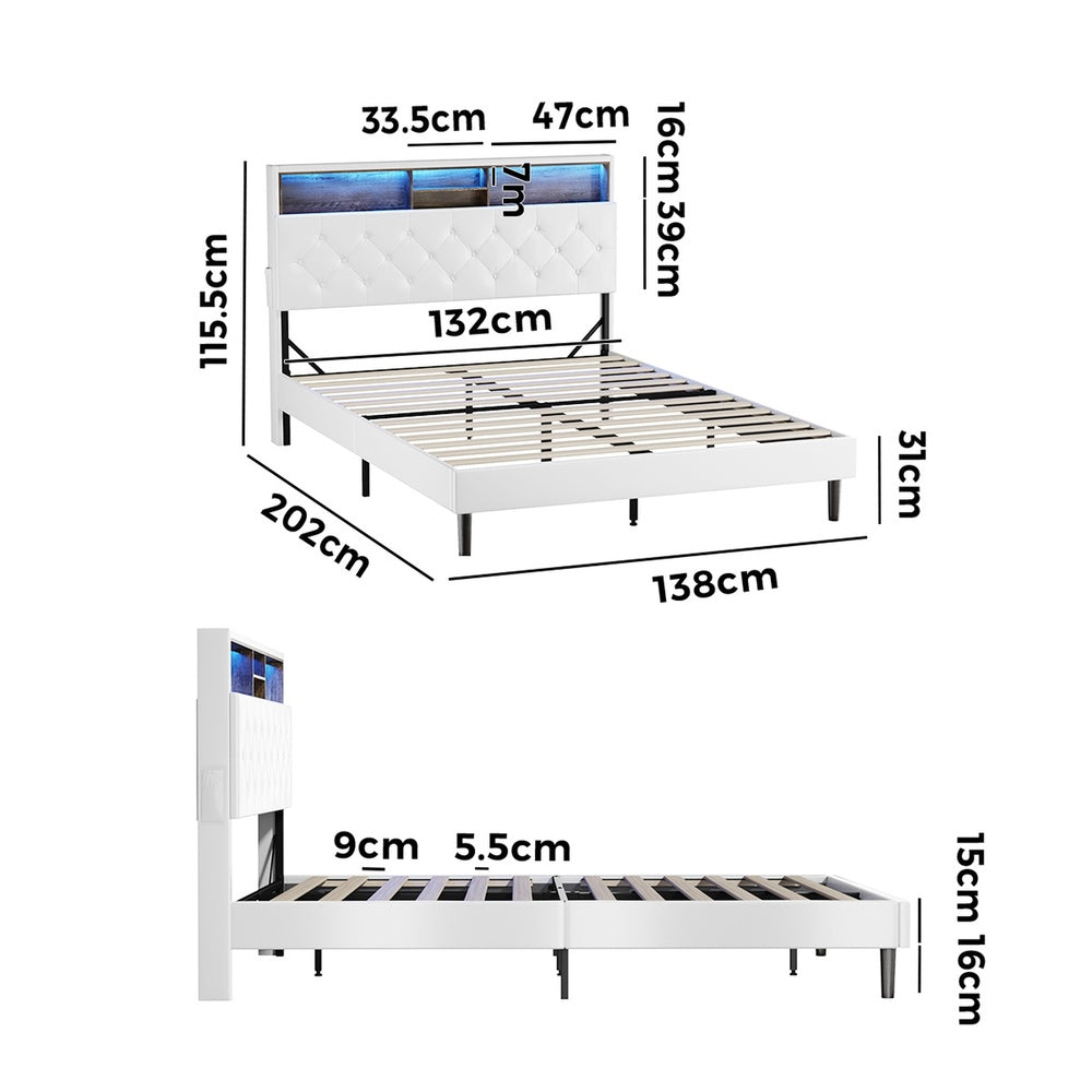 Oikiture Bed Frame Double Size with LED Storage Bedhead White
